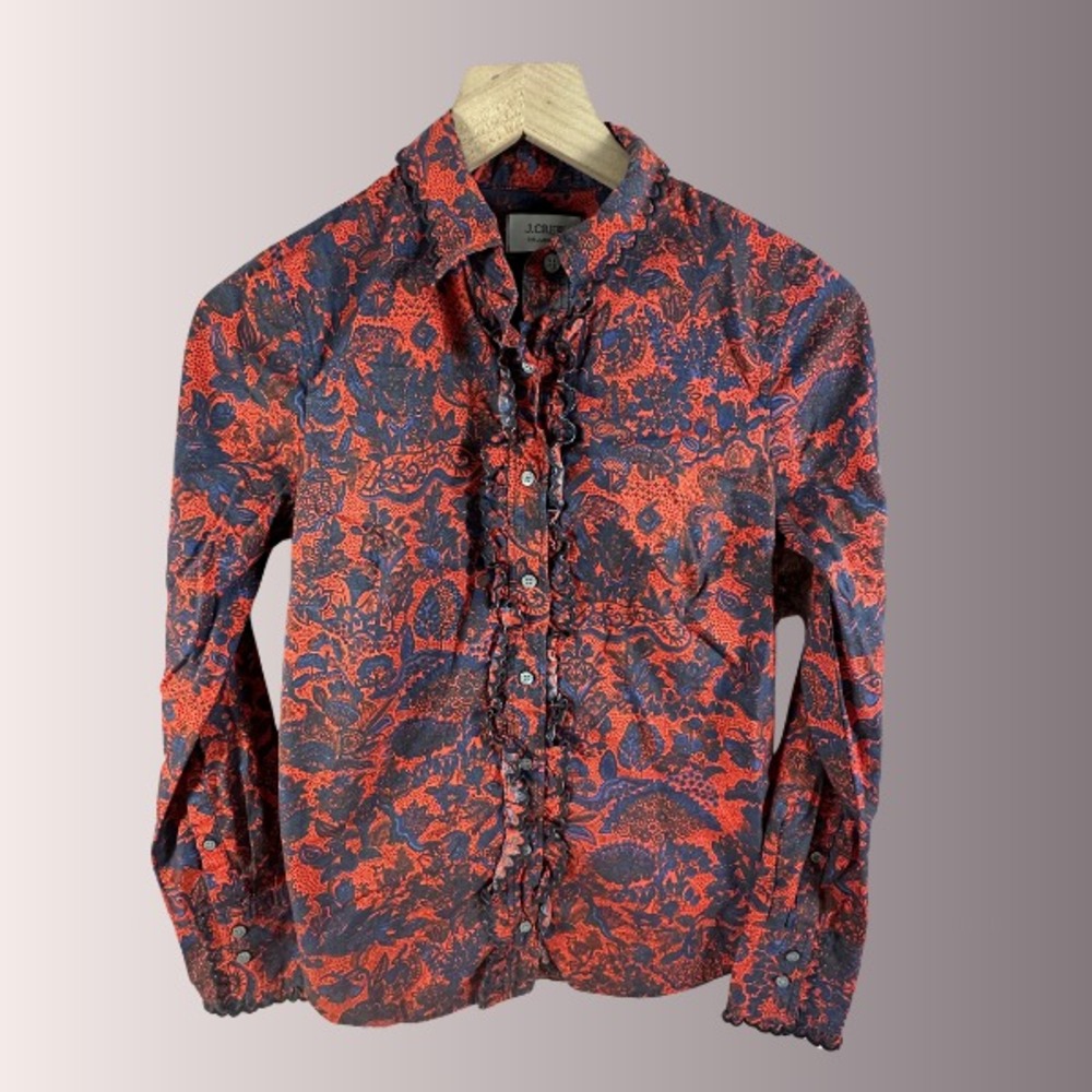 J. Crew Shirt Womens Paisley Ruffles Red Blue Button Down Long Sleeve Size 0